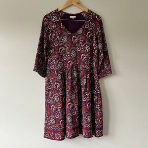 Garnet Hill Purple Floral Print Dress V Neck 3/4‎ Sleeve Bohemian Pocket-Detail